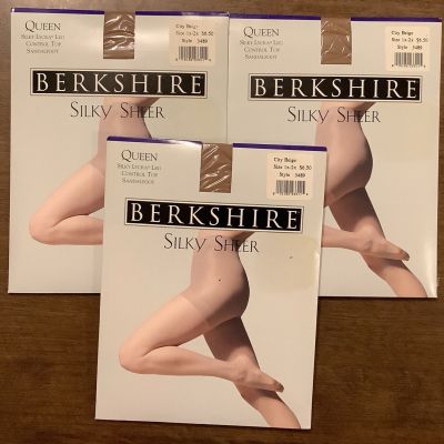3 Pack Berkshire Silky Sheer Control Top Stockings Beige 3489 Queen 1X-2X NIP